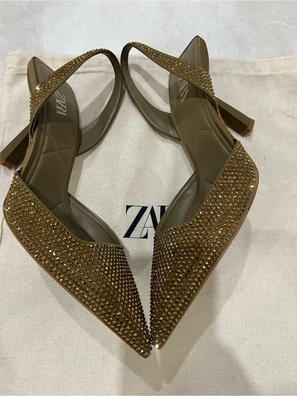 ZARA Brown Gold-Tone Crystal Pointed Slingback Heels ONLY WORN ONCE! - Picture 3 of 5